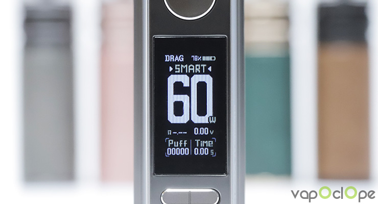 L'écran de la box du pod kit Drag E60 de chez Voopoo