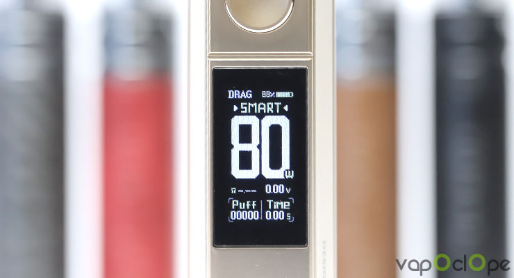 L'écran de la box du kit Drag H80s de chez Voopoo