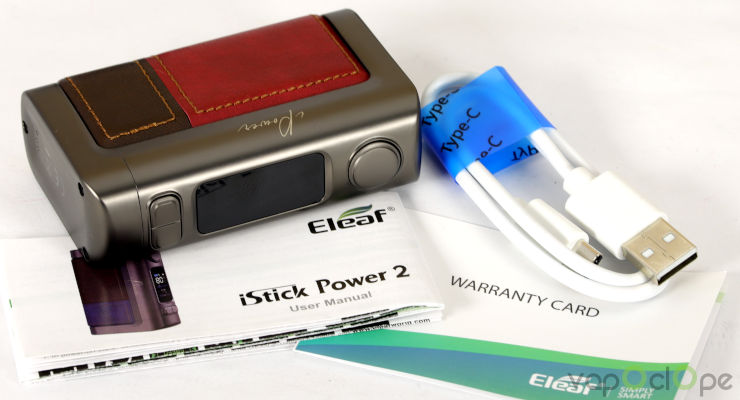 La box iStick Power 2 Eleaf livrée avec cable USB-C et mode d'emploi