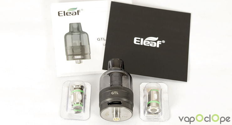 Le kit au complet du clearomiseur GTL Pod Tank de chez Eleaf
