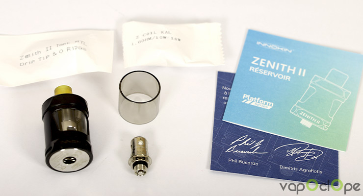 Le contenu du kit du clearomiseur Zenith 2 de chez Innokin