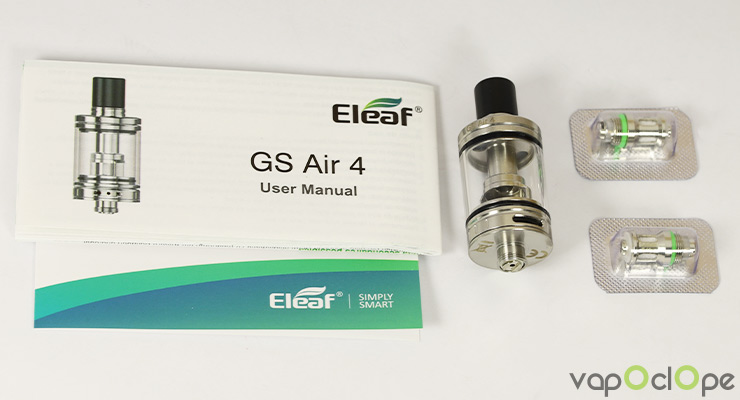 Le contenu du kit du Clearomiseur GS Air 4 de chez Eleaf
