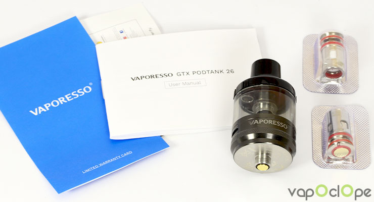 Le contenu du kit du clearomiseur GTX Pod Tank de chez Vaporesso